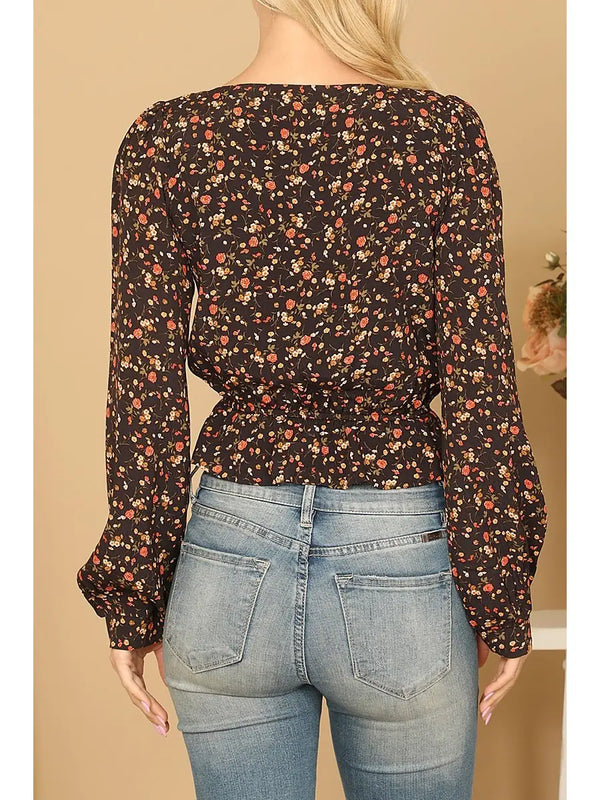Black Floral Puff Sleeve Blouse