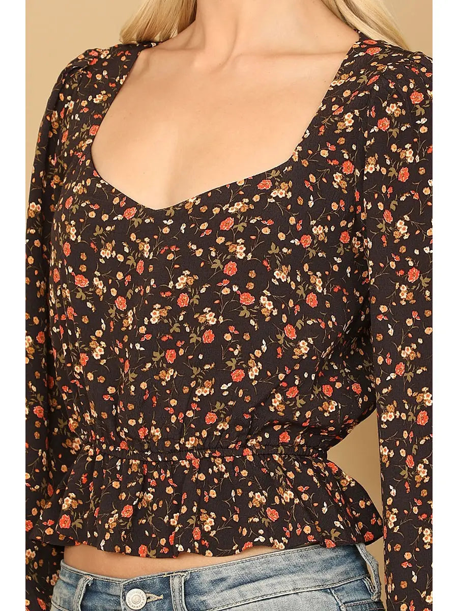 Black Floral Puff Sleeve Blouse