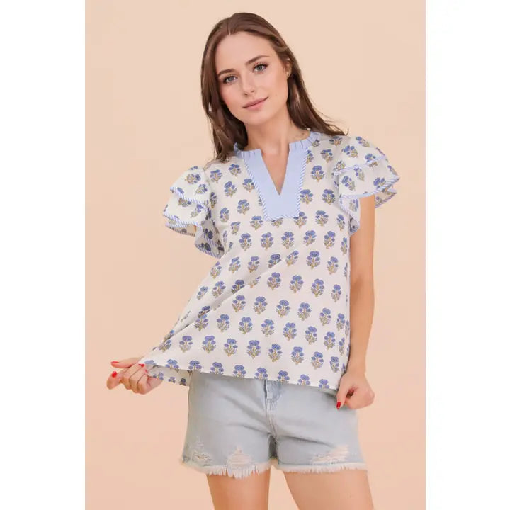 Blue Ruffle Sleeve Blouse