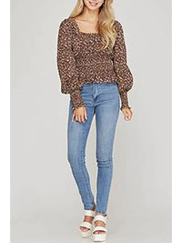 Brown Smocked Puff Sleeve Top