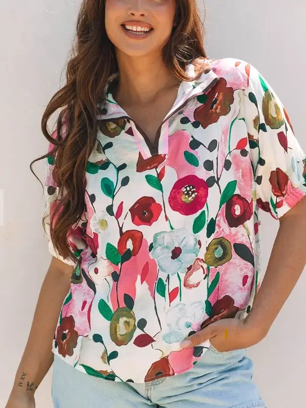 Pink Floral V Neck Blouse