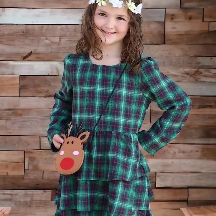 Green Plaid Dress + Reindeer Purse