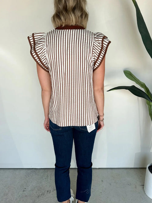 Khaki Striped Ruffle Top