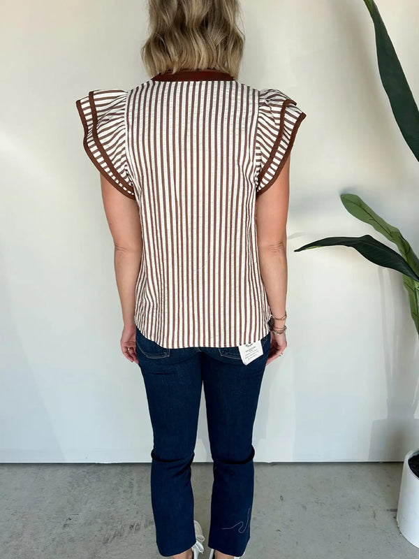 Khaki Striped Ruffle Top