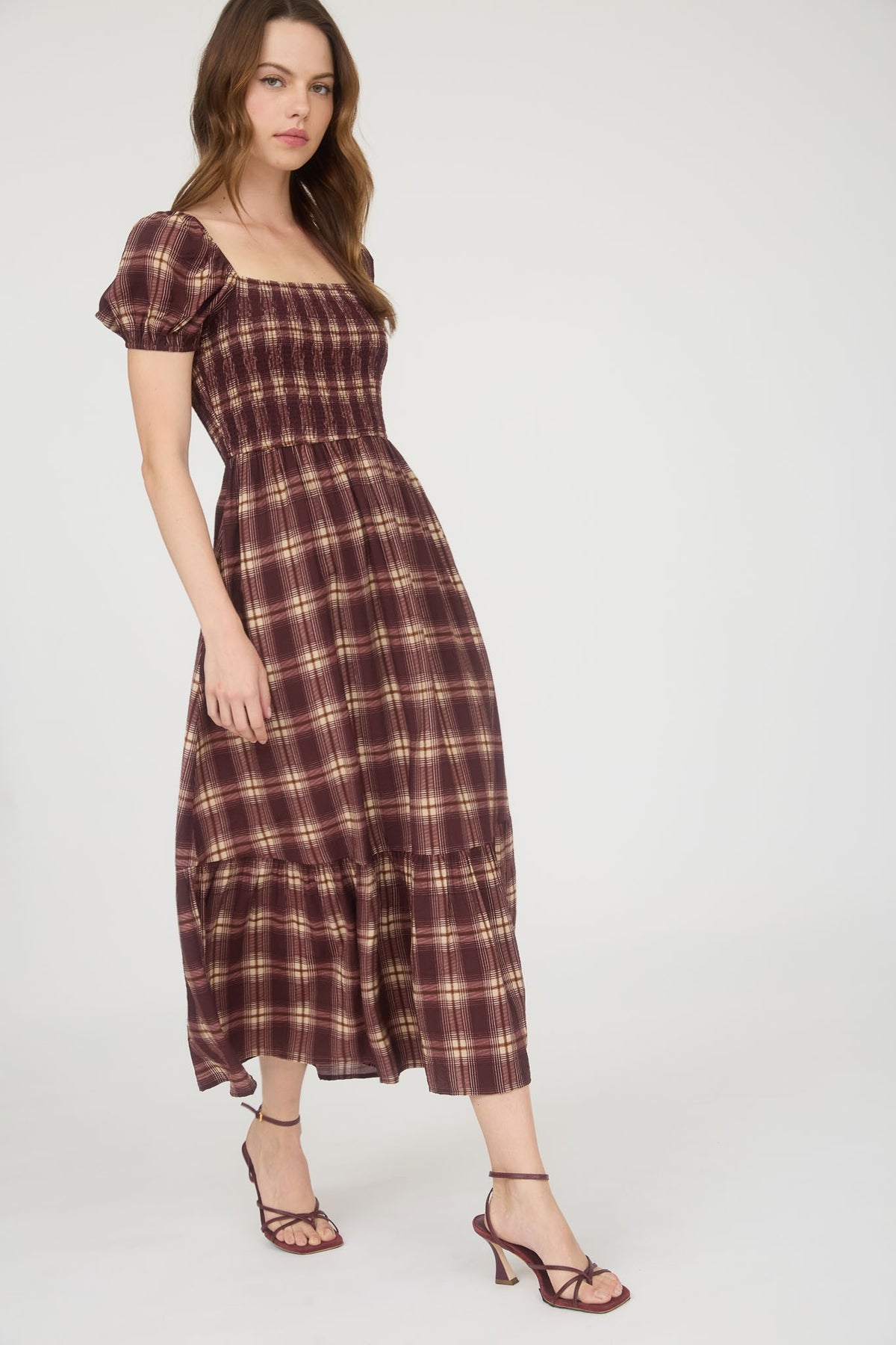 Burgandy Plaid Puff Sleeve Dress