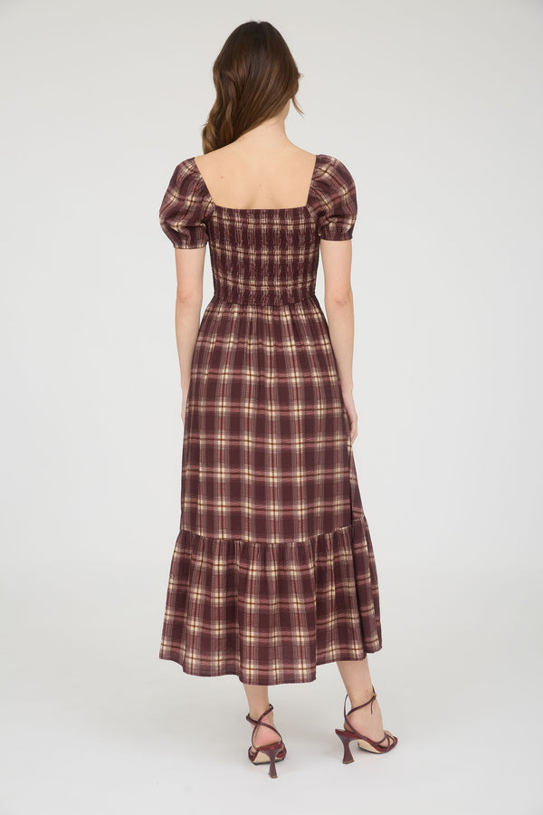 Burgandy Plaid Puff Sleeve Dress