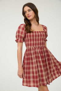Plaid Smocked Puff Sleeve Midi Dress