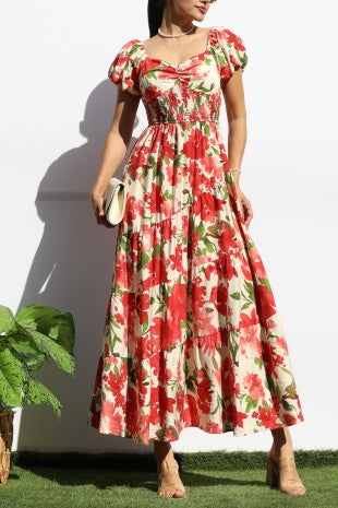 Red Bubble Sleeve Midi Dress