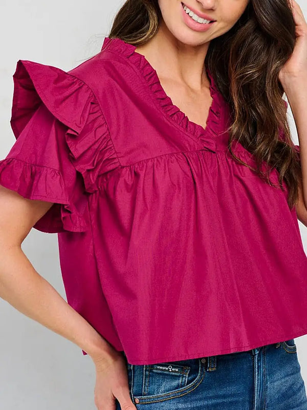 Ruffle Sleeve V-Neck Top
