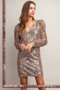 Long Sleeve Sequin Dress - Gold
