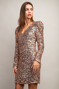Long Sleeve Sequin Dress - Gold