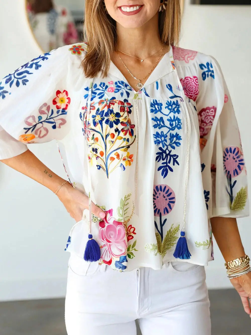 White Floral Tassel Top