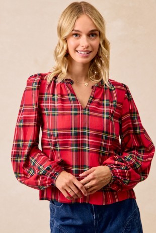 Christmas Plaid Balloon Sleeve Blouse