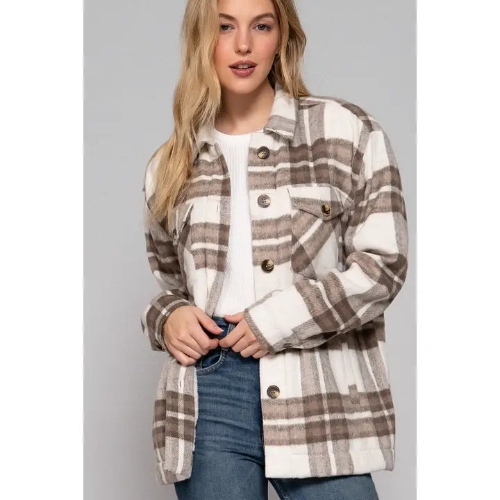 Beige Plaid Sherpa Lined Shacket