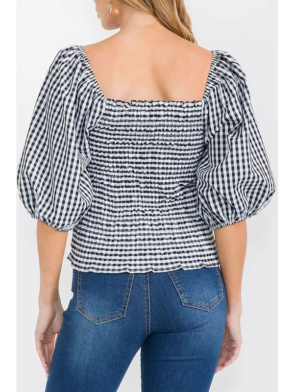 Black & White Plaid Puff Sleeve Top