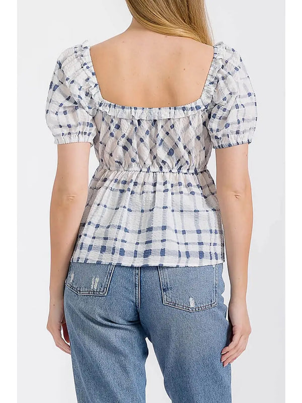 Puff Sleeve Blue Peplum Top