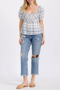 Puff Sleeve Blue Peplum Top