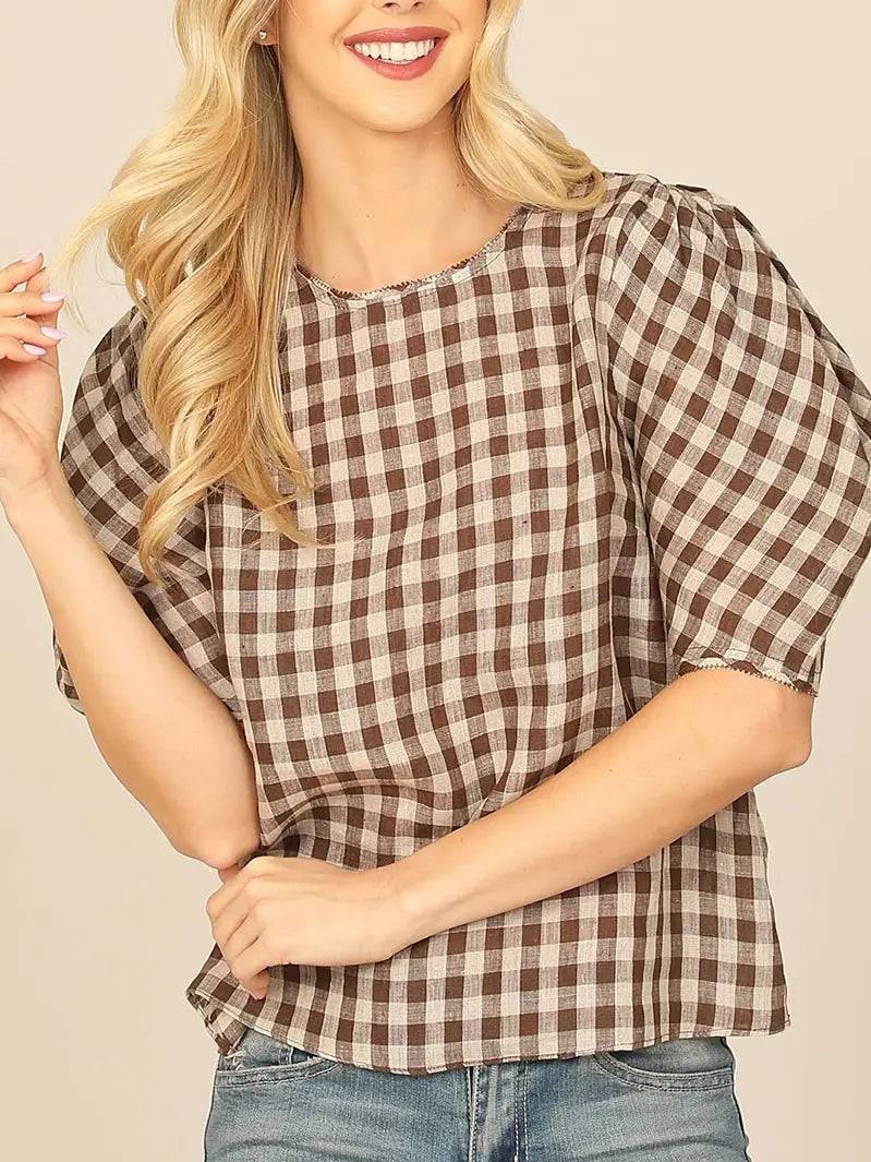 Brown Plaid Puff Sleeve Top