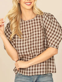 Brown Plaid Puff Sleeve Top