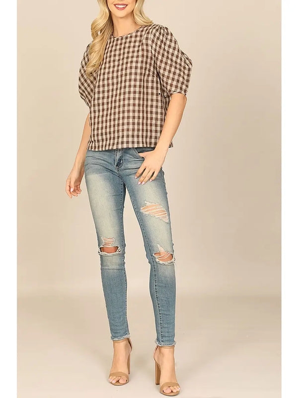 Brown Plaid Puff Sleeve Top