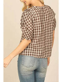 Brown Plaid Puff Sleeve Top