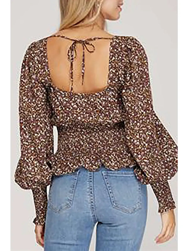 Brown Smocked Puff Sleeve Top