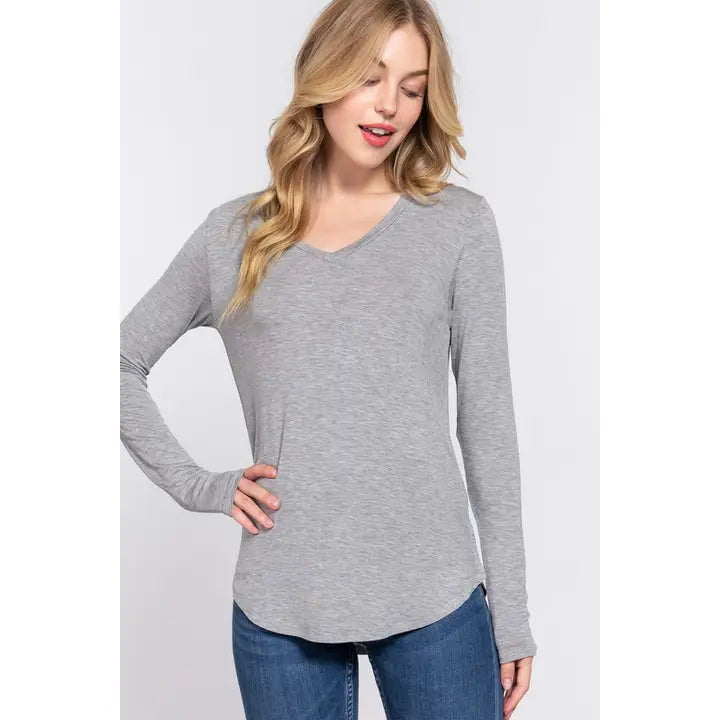 Grey Long Sleeve V-Neck Jersey Top