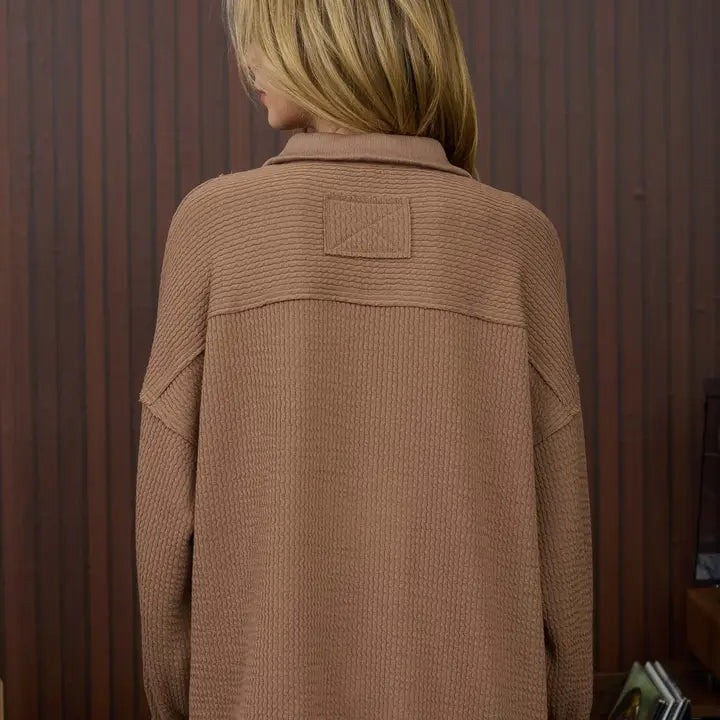 Collared Long Sleeve Waffle Knit Top