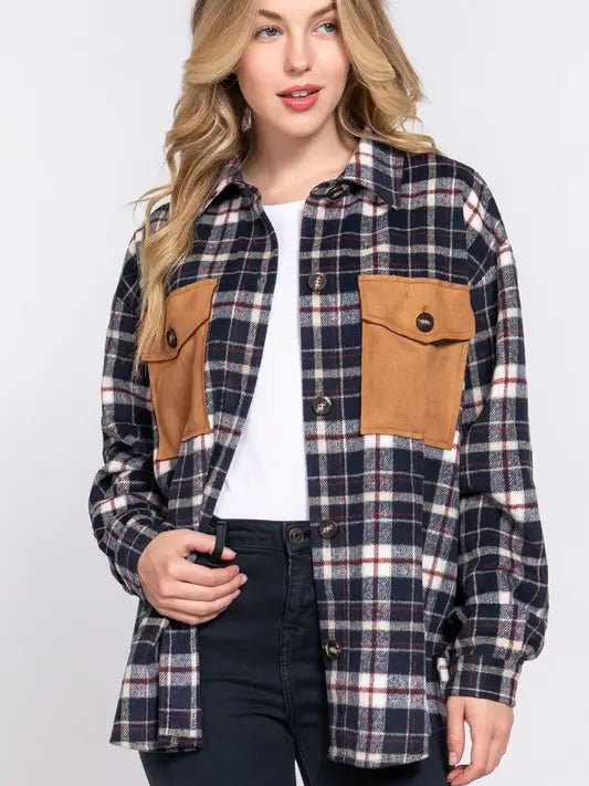 Navy Plaid Suede Pocket Shacket