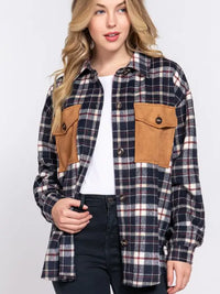 Navy Plaid Suede Pocket Shacket
