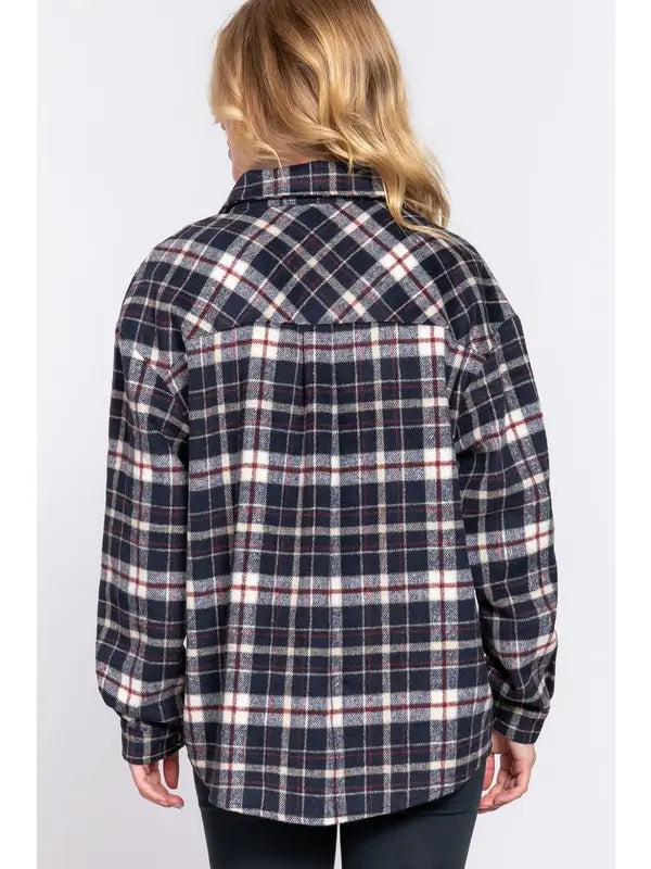 Navy Plaid Suede Pocket Shacket