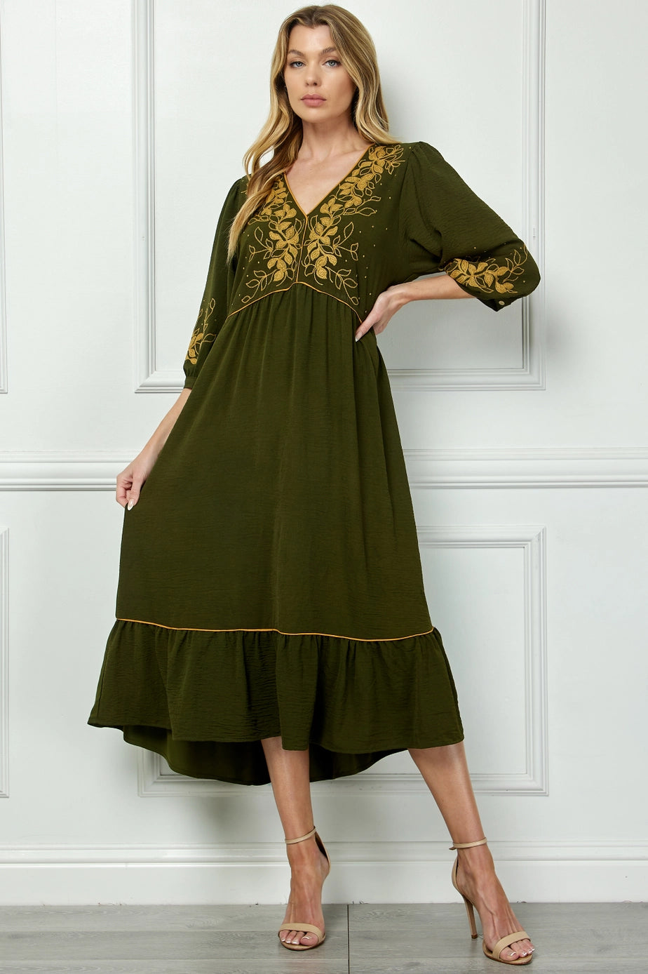 Olive Embroidered Dress