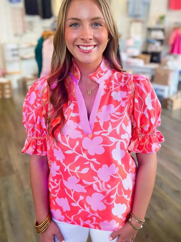 Red/Pink Puff Sleeve Top
