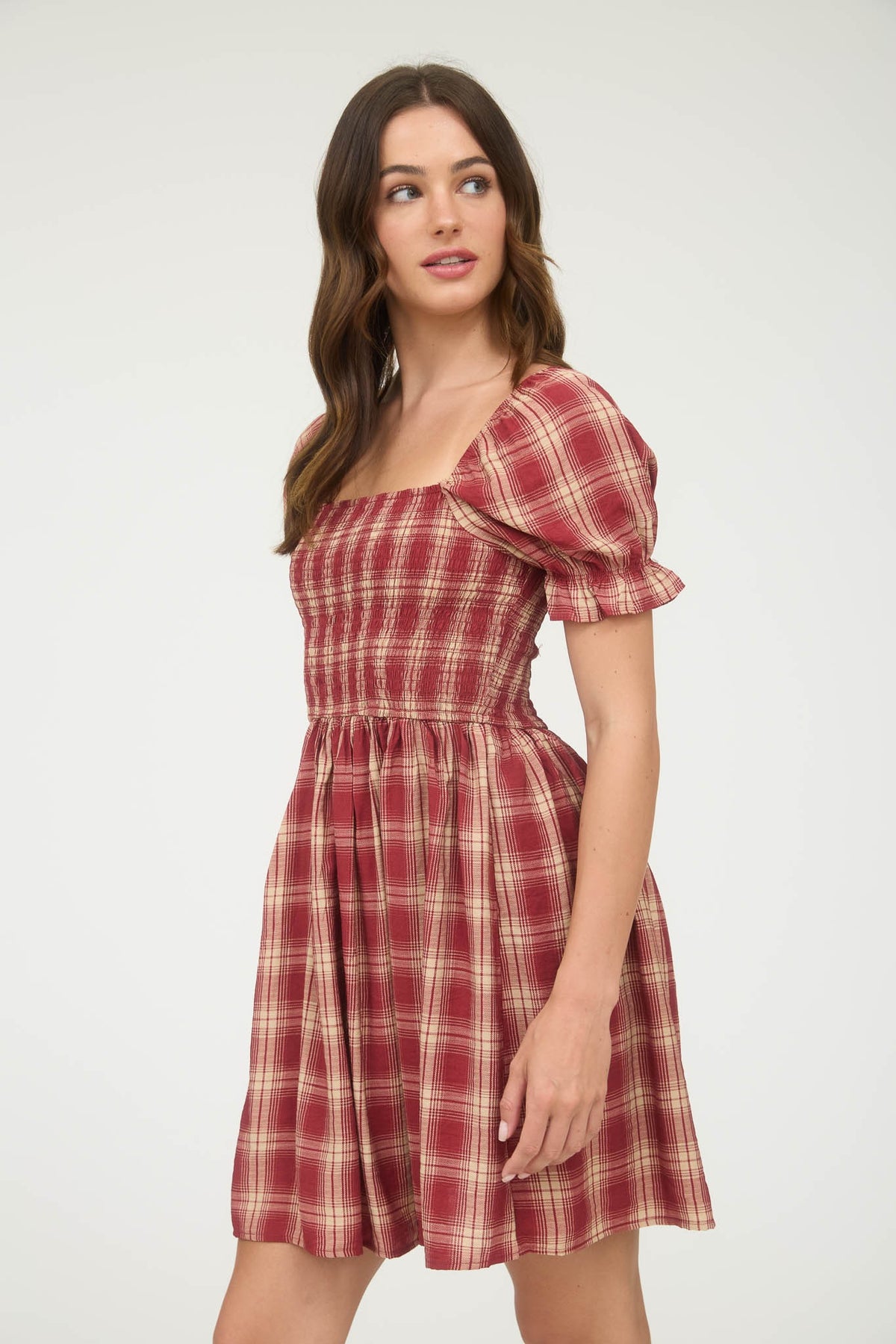 Plaid Smocked Puff Sleeve Midi Dress