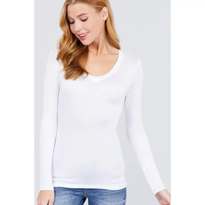 White Long Sleeve V-Neck Tee