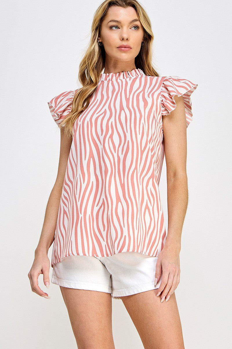 Zebra Ruffled Mock Neck