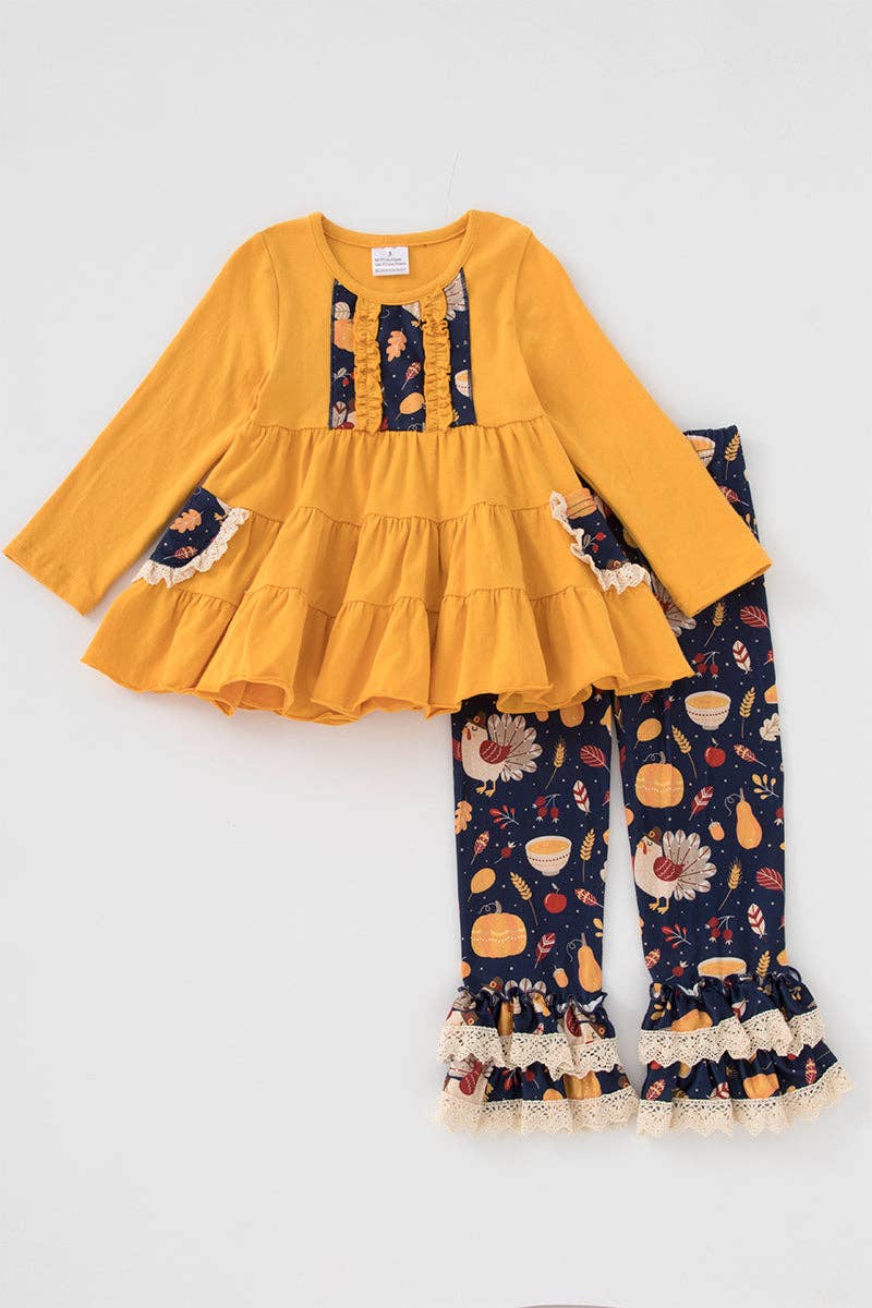 Mustard Turkey Pumpkin Ruffle Pants Set