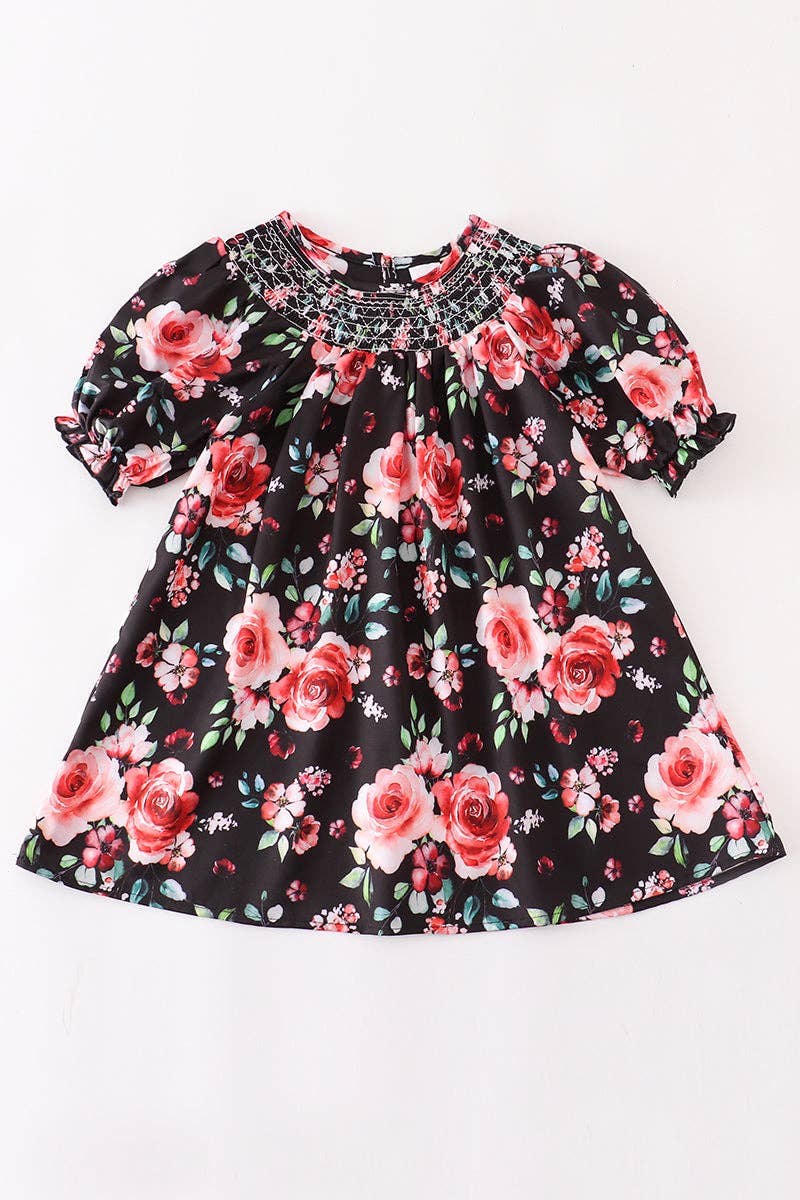 Black Floral Smocked Dress