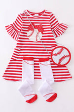 Red & White Striped Baseball Dress, Socks and Purse Set