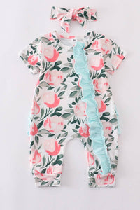 Pink Floral Ruffle Baby Romper Set