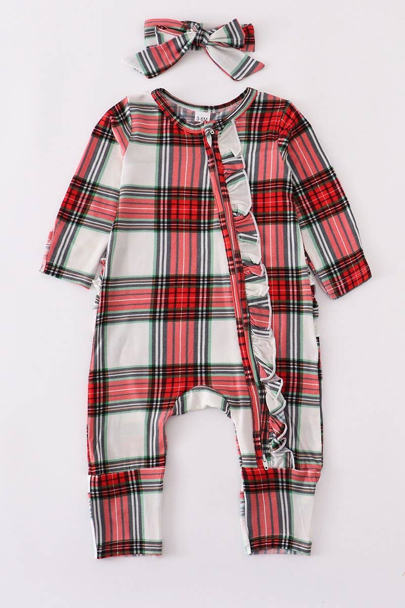 Red Plaid Bamboo Baby Romper w 2 Way Zip