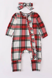 Red Plaid Bamboo Baby Romper w 2 Way Zip