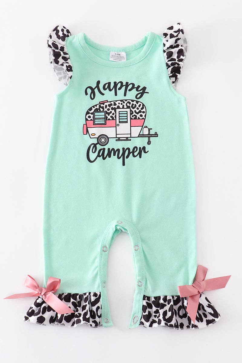 Mint Leopard Ruffle Happy Camper Romper