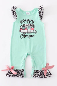 Mint Leopard Ruffle Happy Camper Romper