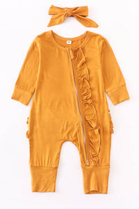 Mustard Ruffle Bamboo 2 Way Zip Romper Set