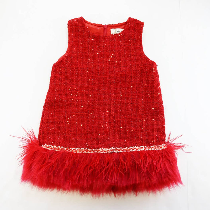 Red Tweed Feather Trim Dress