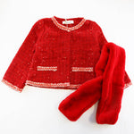 Red Tweed Jacket with Fur Scarf