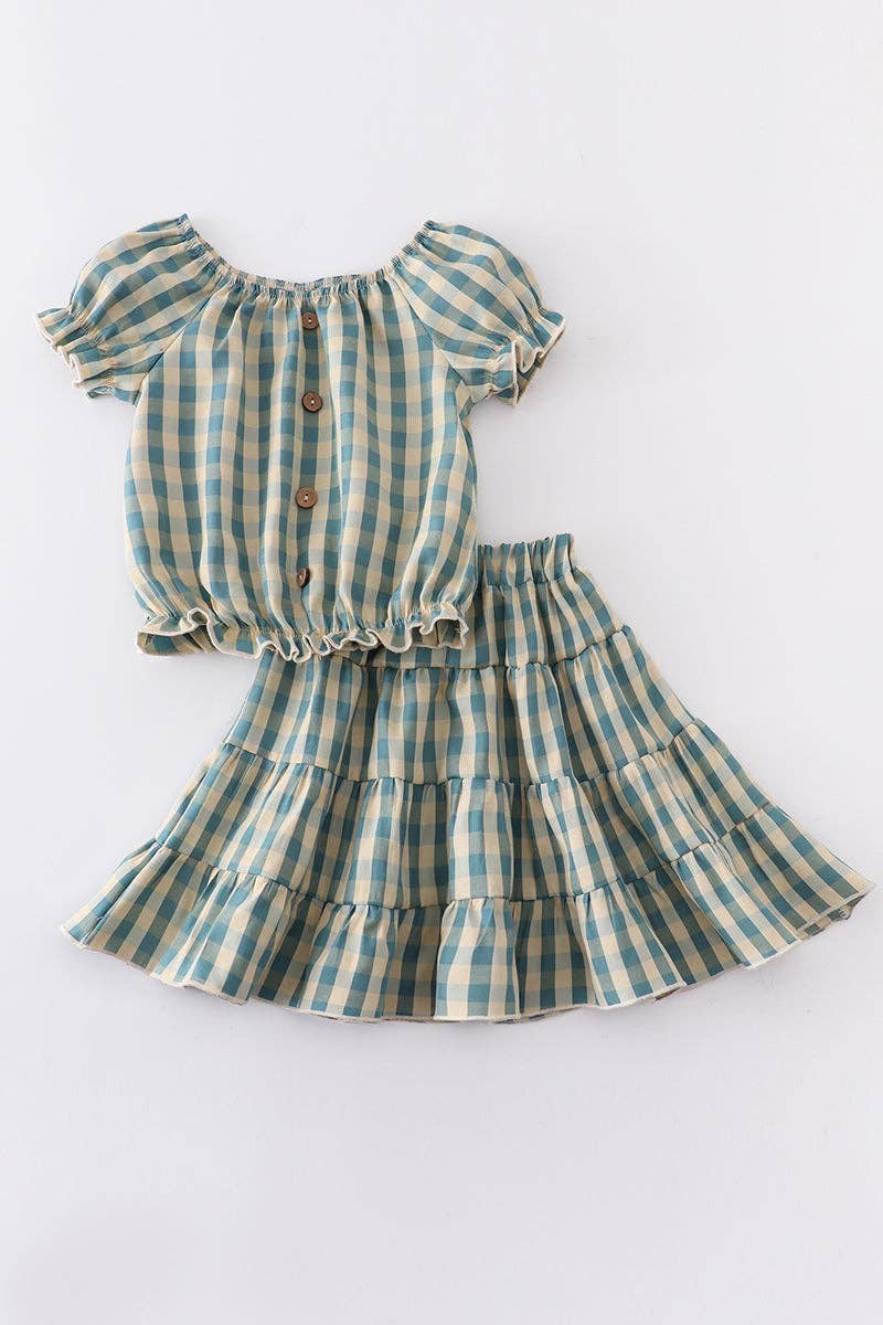 Teal Plaid Puff Sleeve Skirt Set