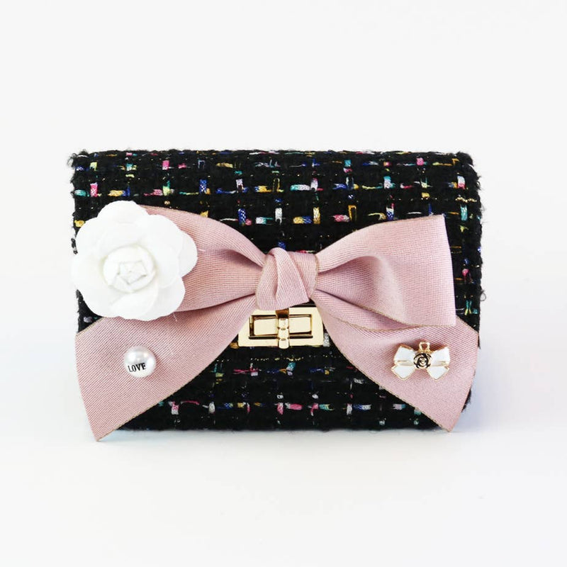 BLACK Floral Bow Tweed Purse